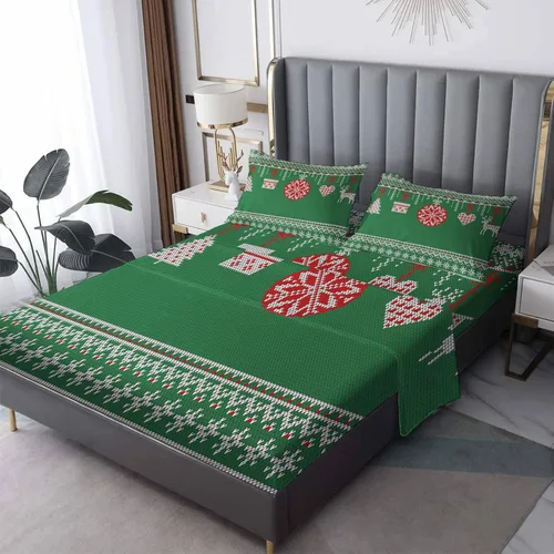 Vista 8 de Sábanas de Navidad tamaño individual, sábanas de árbol de Navidad de alce, juego de sábanas y fundas de almohada con patrón de 3 piezas, sábana