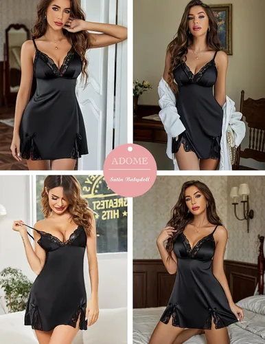 Vista 2 de ADOME Camisón de encaje para mujer, camisón de satén, babydoll de seda, vestido de seda