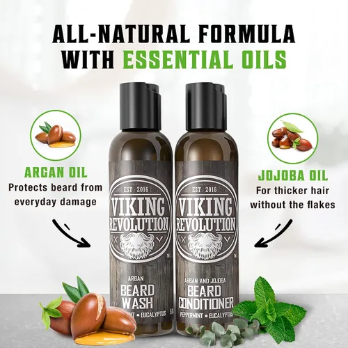 Vista 5 de Best Deal Juego de acondicionador para barba con aceite de argán y jojoba, suaviza y fortalece: menta natural y aroma a eucalipto, champú para barba