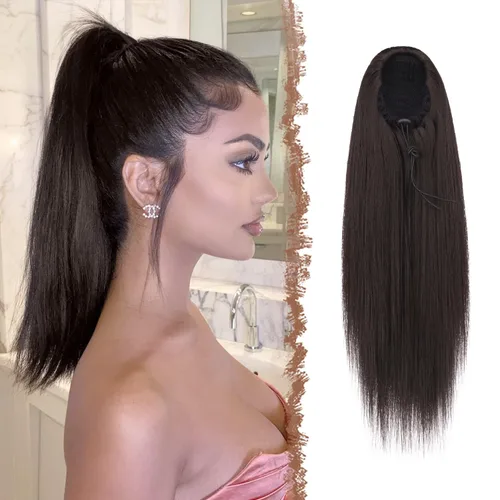 Vista 12 de FESHFEN Extensiones de cola de caballo rectas, colas de caballo largas con cordón, cola de caballo sintética con clip para mujer, color negro