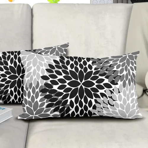 Vista 5 de Fundas de Almohada Negras 12X20 pulgadas Negro Blanco Gris Dalias Floral Geométrico Lumbar Fundas de Almohada para Cama Juego de 2 Rústico de Granja