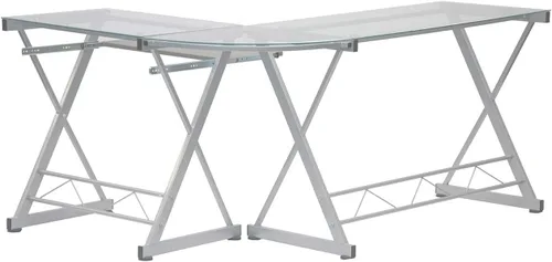 Vista 7 de Scranton & Co Escritorio moderno para computadora en forma de L, vidrio y acero, acabado transparente, 29.5 pulgadas de alto x 61.75 pulgadas