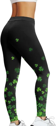 Vista 4 de Leggings de yoga para el día de San Patricio para mujer, leggings de trébol de cintura alta, estampado de trébol de trébol, pantalones de yoga