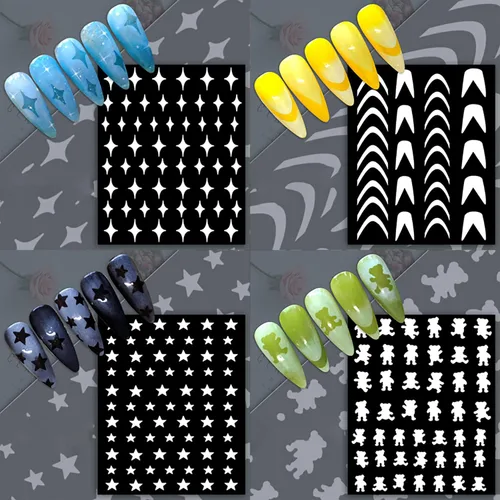 Vista 8 de 6 hojas de plantillas de aerógrafo, calcomanías de uñas para arte de uñas, autoadhesivas, estrellas, mariposa, punta francesa, corazón, calcomanías