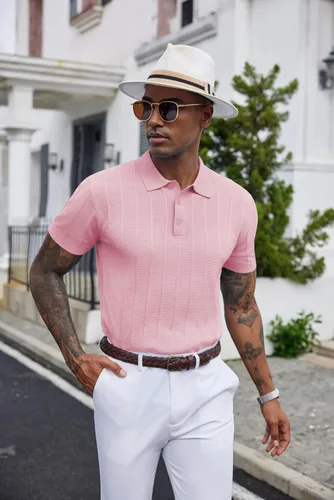 Vista 72 de COOFANDY Camisas polo de punto para hombre de manga corta con textura acanalada Camisas de golf casuales y ligeras con cuello Camiseta de polo