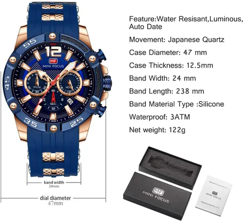 Vista 7 de MINIFOCUS - Reloj de pulsera analógico de cuarzo con esfera grande, correa de silicona azul, calendario, fecha, calendario