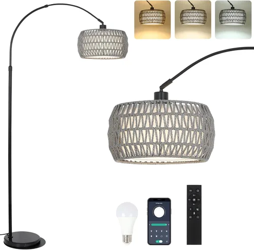 Vista 11 de Lámparas de pie arqueadas para sala de estar con 3 temperaturas de color, lámpara de pie negra con control remoto y bombilla LED regulable, lámpara