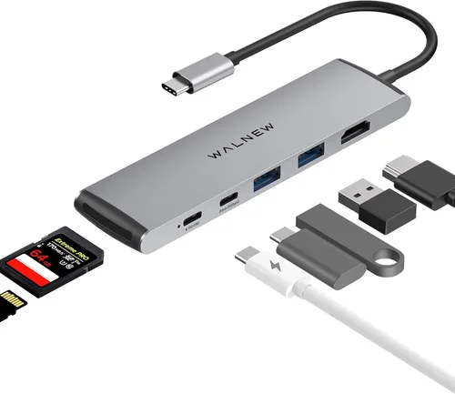 Vista 8 de WALNEW Hub USB-C 7 en 1 con HDMI 4K, 100 W PD, puerto de datos de 5 Gbps (1 tipo C y 2 USB 3.0), lector SD/TF, adaptador multipuerto Thunderbolt 4