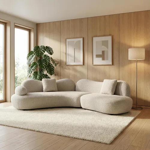 Vista 7 de Moderno sofá modular nórdico curvado para sala de estar, sofá modular beige Boucle de 5 plazas, sofá tapizado de estilo escandinavo sin compresión