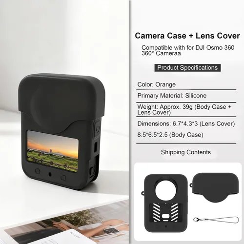Vista 3 de Funda protectora de silicona + cubierta de lente para DJI Osmo 360, funda protectora suave a prueba de arañazos lateral de la batería abierta Negro