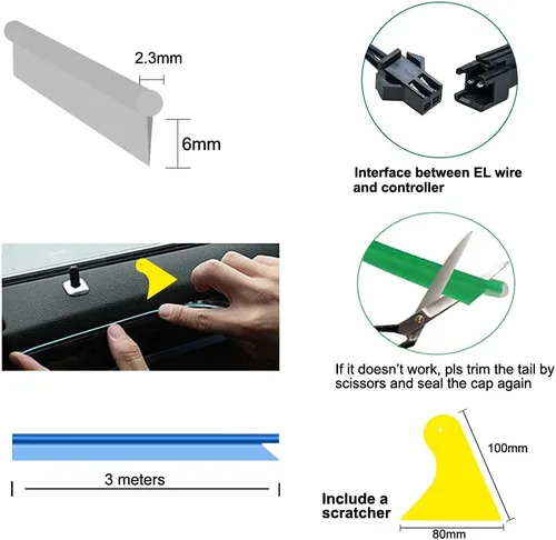 Vista 6 de MaxLax Tira de Iluminación LED de Neón Azul para Interior de Auto - 9.84 Pies de Cable EL de 12V Flexible con Protección de Fusible Integrada