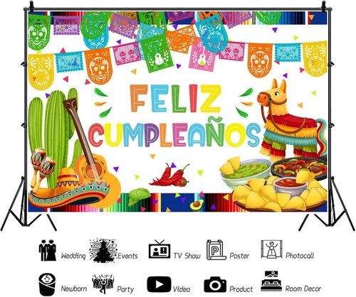 Vista 2 de Telón de fondo de feliz cumpleaños de 7 x 5 pies, decoración de fiesta mexicana, fiesta de feliz cumpleaños, festival del Cinco de Mayo, cartel