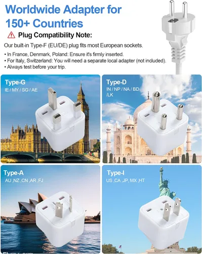 Vista 5 de Convertidor de voltaje de 200 W de EE. UU. a Europa, adaptador de corriente de viaje reductor con 4 puertos USB, 2 salidas de CA para alisador