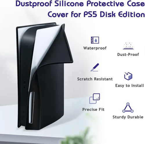 Vista 2 de Mcbazel Funda de silicona para consola PS5 Disk Edition, a prueba de polvo, antiarañazos, anticaídas, para Playstation 5 Disk Edition, color negro
