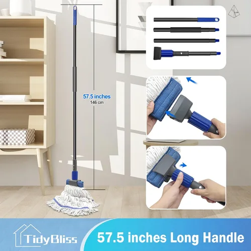 Vista 3 de TidyBliss Trapeador Comercial de Servicio Pesado, Mango Largo de 57.5 Pulgadas, Trapeador Industrial de Cuerda con Extremo de Bucle Grande, Azul
