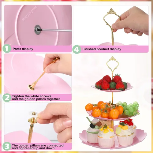 Vista 4 de 6 juegos de decoraciones de fiesta de té de 3 niveles de plástico para cupcakes, platos de postre, torta de frutas y dulces, torre de exhibición