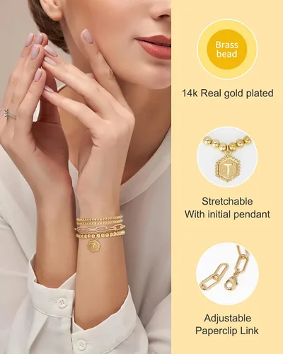 Vista 3 de Doubgood - Pulseras de cuentas de oro para mujer, juego de pulseras apilables de oro para mujeres y hombres, pulsera de cuentas elásticas chapada
