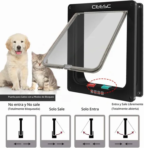 Vista 3 de CEESC Puerta de gato grande para interior/exterior, negra, para mascotas