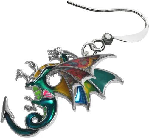 Vista 4 de Aretes de dragón de fantasía de dinosaurio de aleación esmaltada, colgantes únicos, joyería de animales para mujeres, regalos de dragones