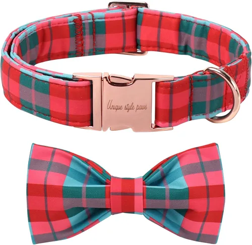 Vista 30 de Unique style paws Collar de perro de algodón con lazo, collar para cachorro con cuadrícula negra y azul para perros pequeños, medianos y grandes