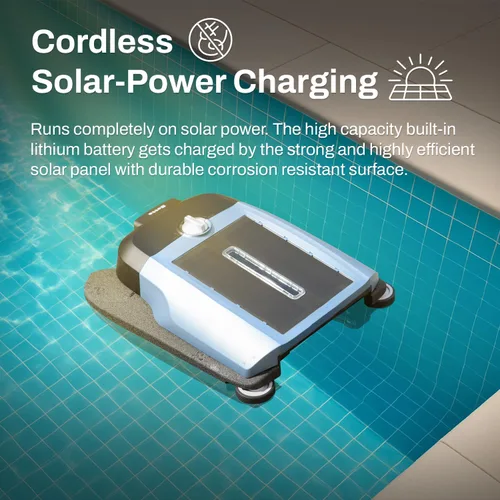 Vista 2 de Betta Skimmer robótico flexible para piscinas con energía solar, inalámbrico con modos de limpieza duales, protección de piscina suave al tacto.