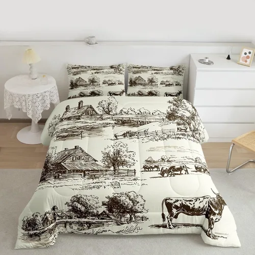 Vista 19 de Juego de edredón de vaquero individual, ropa de cama occidental para niños y hombres, ilustración dibujada a mano de caballo americano salvaje