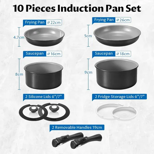 Vista 8 de BEZIA Utensilios de cocina de inducción con revestimiento de cerámica saludable, juego de ollas y sartenes antiadherentes, 10 piezas con asas