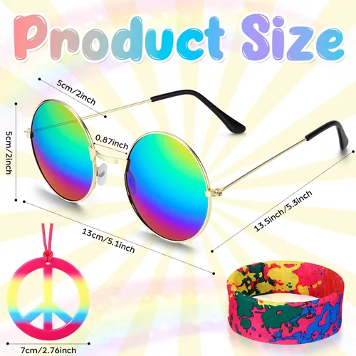Vista 2 de Frienda - 3 piezas de accesorios hippie para disfraz de leopardo teñido anudado de los años 70, diademas hippie para hombres, collar con signo