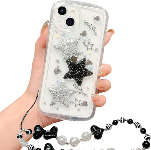 Vista 37 de Compatible con iPhone 11 Pro Funda Transparente Bonita con Diseño de Estrella con Purpurina en 3D con Perlas y Pulsera de Perlas, Diseño de Cadena