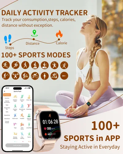Vista 6 de Relojes inteligentes para mujer (Android/iPhone) batería de 20 días, 4 correas, rastreadores de fitness HD de 1.85 pulgadas con llamadas