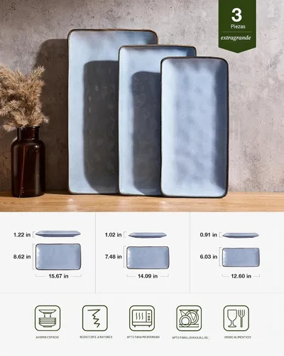 Vista 2 de Famiware Plato de Servir, Platos de Servir Rectangulares de 15.67/14.1/12.6 pulgadas para Entretenimiento, Esmalte Reactivo, Bandejas de Servir