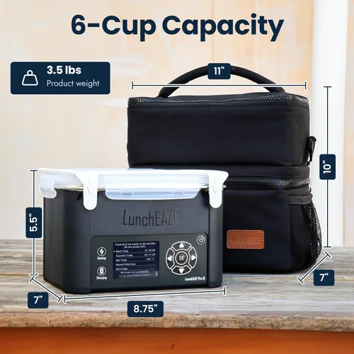 Vista 4 de LunchEAZE XL Lonchera Calentada Eléctrica y Sin Cable – Alimentada por Batería, Capacidad de 6 Tazas, 104°C, Calentamiento Programado Automático