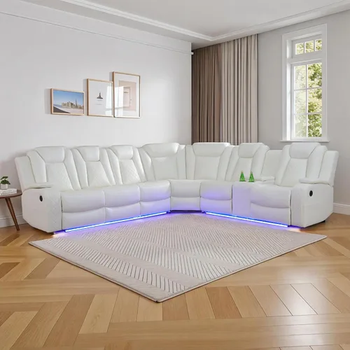 Vista 18 de Juego de sofá reclinable eléctrico para sala de estar, juego de sofá reclinable de cuero con luz LED, soporte para tazas, almacenamiento de consola