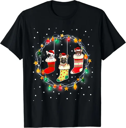 Vista 2 de Camiseta Dogmas de Navidad con diseño de bulldog francés para perro, Papá Noel, Negro, S