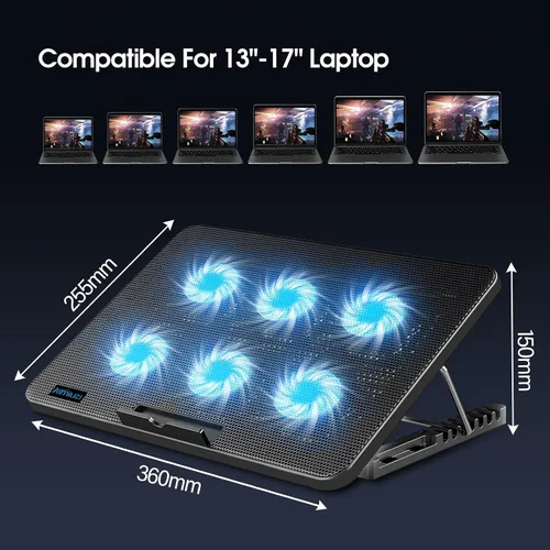 Vista 8 de Almohadilla de enfriamiento para laptop, enfriador de laptop para juegos con 6 ventiladores silenciosos, almohadilla de enfriamiento para laptop
