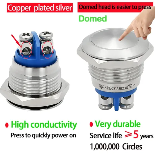Vista 5 de (3 piezas) interruptor de botón momentáneo impermeable IP67 de 16 mm 5/8" con cabeza abovedada de acero inoxidable 304, 5V-250V CC/CA, SPST