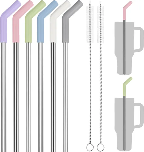 Vista 12 de Tomorotec 6 popotes de acero inoxidable con puntas de silicona para vaso Stanley de 40 onzas, juego de popotes reutilizables de 13 pulgadas