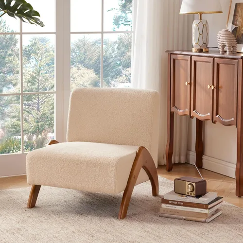 Vista 6 de Silla decorativa de gran tamaño, tapizada sin brazos de mediados de siglo, moderna silla de sala de estar con patas de madera para dormitorio Beige