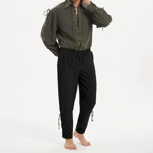 Vista 5 de Pantalones medievales de tobillo cónico con puños cónicos para hombre, disfraz vikingo, navegante, pirata, renacentista, gótico, pantalones casuales
