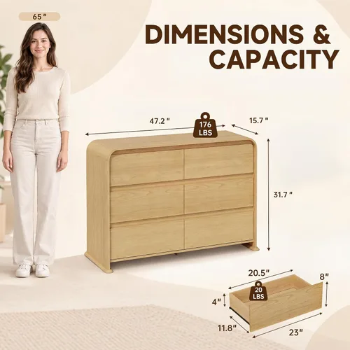 Vista 2 de JUMMICO Cómoda natural para dormitorio, cómoda de madera de 47.2 pulgadas