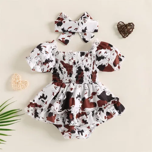 Vista 7 de YINGISFITM Mameluco de manga larga para bebé niña con volantes, estampado de vaca, vestido de verano, ropa linda