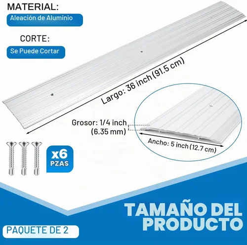 Vista 2 de Tandefio 2 unids 5" X 1/4" X 36" aluminio Saddle puerta umbral, plata Umbral de puerta de sillín estriado comercial interior, para acceso de entrada