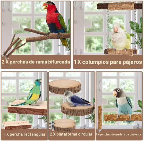 Vista 7 de Perchas para pájaros de 7 piezas para jaula, soporte de madera para loros con tenedor, plataforma colgante de múltiples ramas, columpio para hamaca