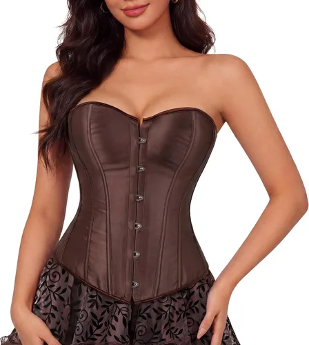 Vista 24 de Zhitunemi - Conjunto de lencería sensual para mujer, corsé de satén negro moldeador de cintura Beige