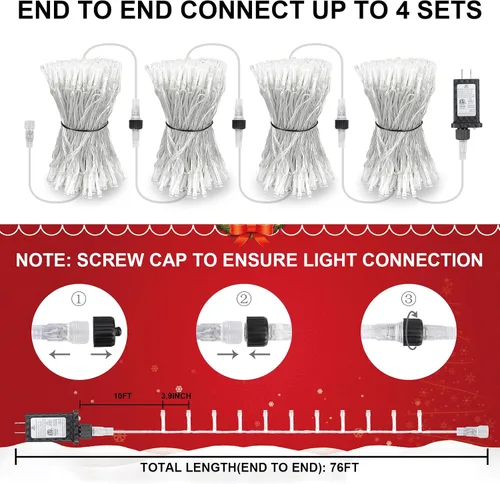 Vista 4 de Guirnalda de luces de Navidad de 70 pies con 200 luces LED enchufables, para interiores y exteriores, conectables, luces centelleantes de hadas