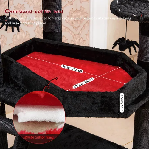 Vista 4 de YARUOMY - Árbol gótico para gatos con cama de ataúd, torre para gatos de 55" con amplio condominio para gatos, postes para rascar, bola colgante