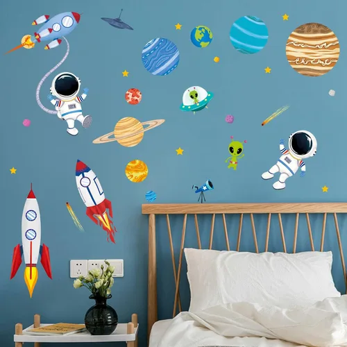 Vista 3 de decalmile Adhesivos de pared para niños, diseño de cohetes y planetas, astronauta