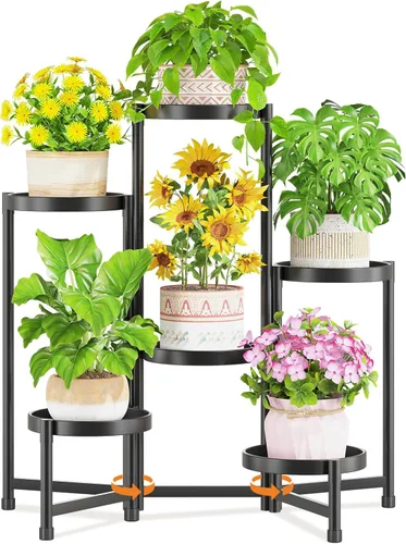 Vista 9 de LASZOLA Soporte alto plegable para plantas de 5 niveles para interiores y exteriores, para macetas grandes, estante ajustable de metal resistente