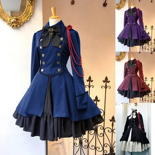 Vista 5 de Black Gothic Dress for Women, Womens Lolita Gothic Dress with Retro Bow Ruffle Short Renaissance Dress Cosplay