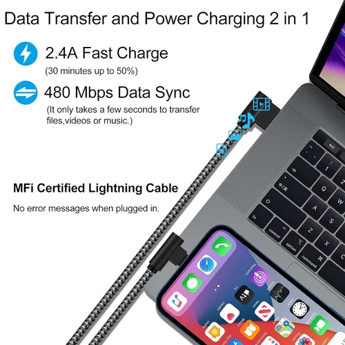 Vista 3 de Cargador para iPhone de 1 pie, certificado MFi, cable Lightning trenzado, cable de carga de codo de 90 grados, compatible con iPhone 14 13 12 11 Pro
